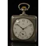 Omega- an unusual silver cased pocket watch, white enamel dial, Arabic numerals, minute track,