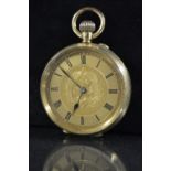 A Continental 18ct gold open face pocket watch, floral engraved gilt dial, Roman numerals,