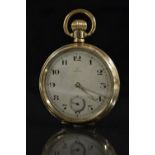 Omega - a 10ct rolled gold open face pocket watch, silvered dial, Arabic numerals, minute track,
