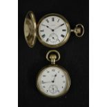 An Elgin gold plated full hunter case pocket watch, white dial, bold Roman numerals, minute track,