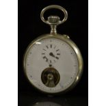 An unusual Nickel cased French cylinder centre second pocket watch, white enamel dial,