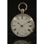 A Victorian silver open face pocket watch, white dial, bold Roman numerals, minute track,