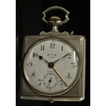 An unusual Eterna square cased silver alarm pocket watch, white dial, Arabic numerals, minute track,