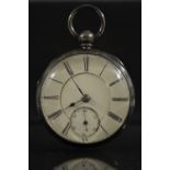 A Victorian silver open face pocket watch, cream dial, bold Roman numerals, minute track,