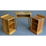 A pair of contemporary pine bedside cabinets; a pine bookcase;