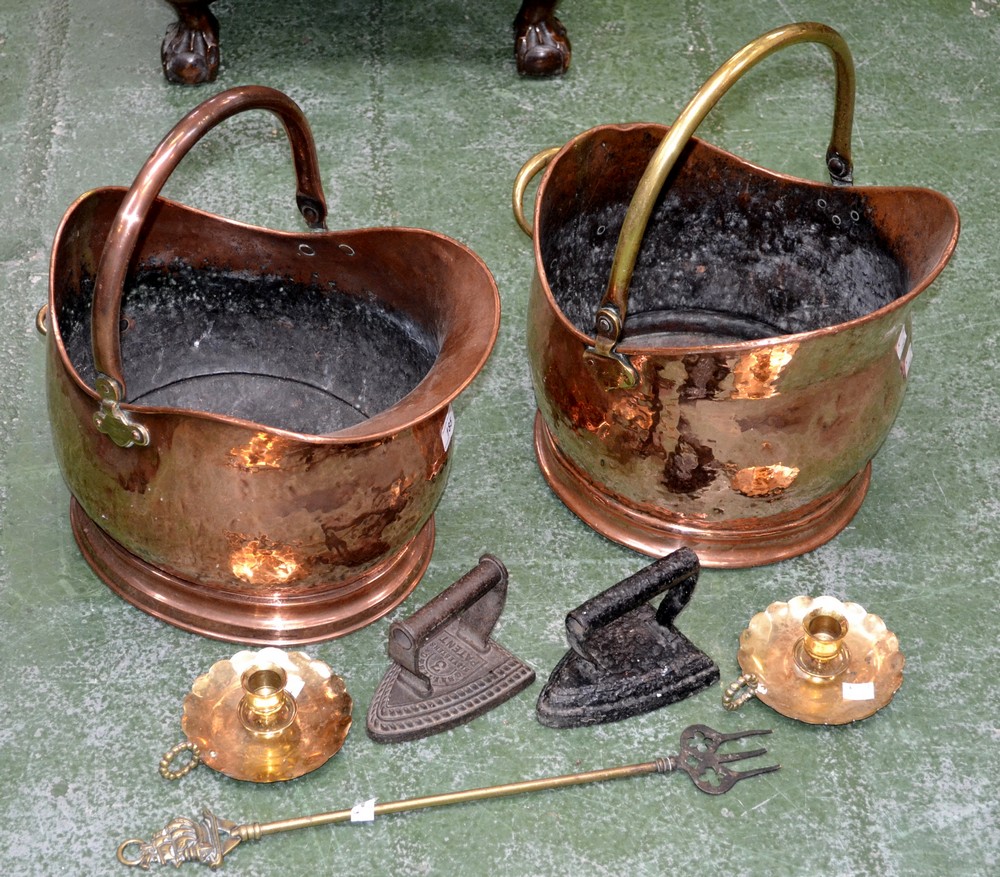 A Victorian copper coal scuttle; another with brass handle; mixed brass.