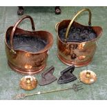 A Victorian copper coal scuttle; another with brass handle; mixed brass.