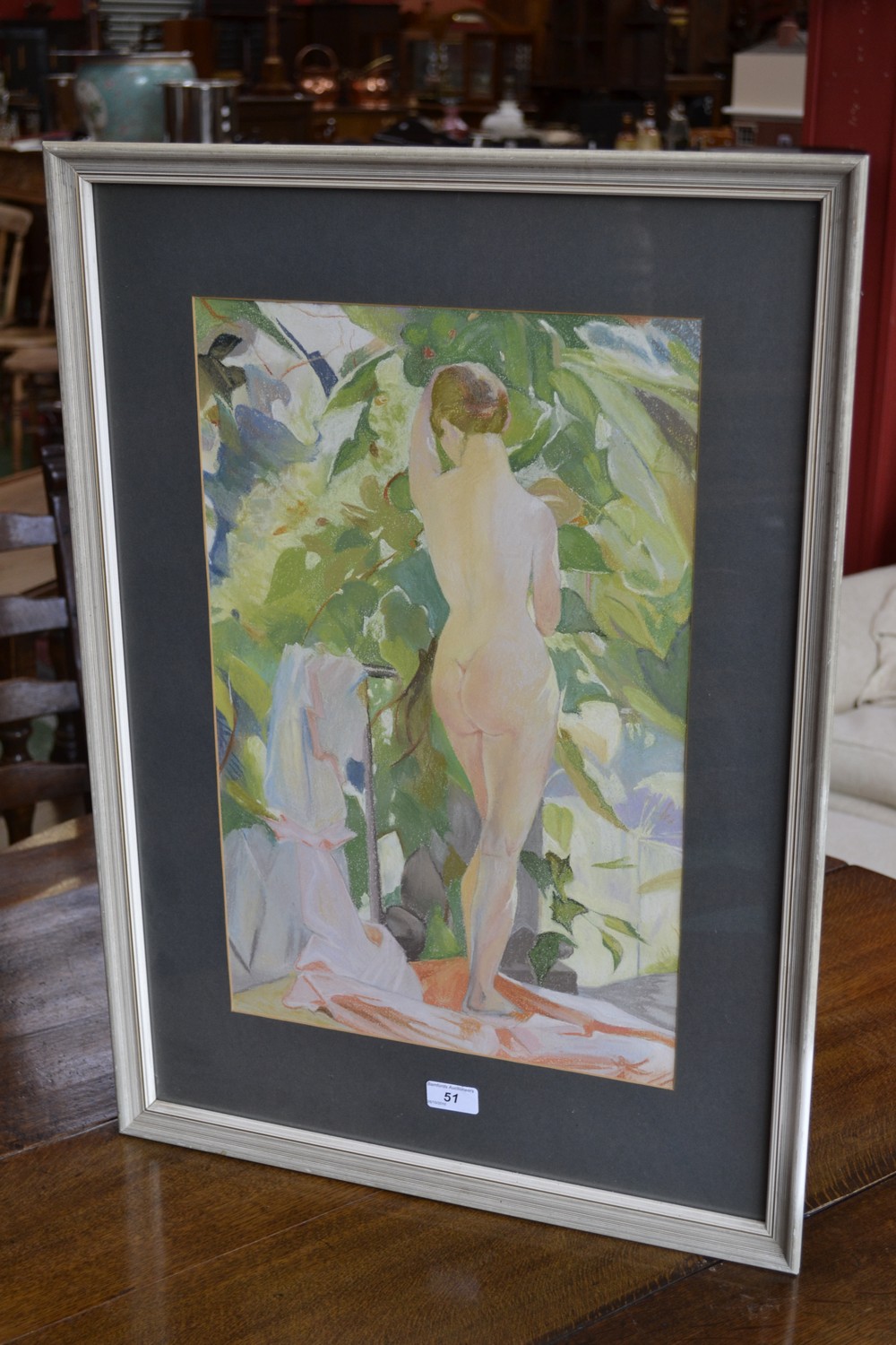 English School (early 20th century) Female Nude in a Summer Garden pastel study, 51cm x 33cm,