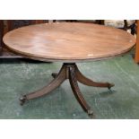 A George III style mahogany circular table, reeded sabre legs, brass paw socket casters.