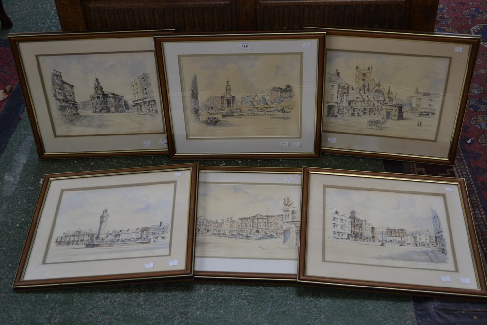 Keith Ellan, a set of six, Staffordshire Views, pen and ink sketches,