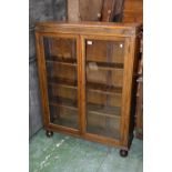 An oak bookcase with two glazed panel doors