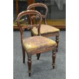 A pair of Victorian mahogany balloon back hall chairs, turned fluted tapering legs,