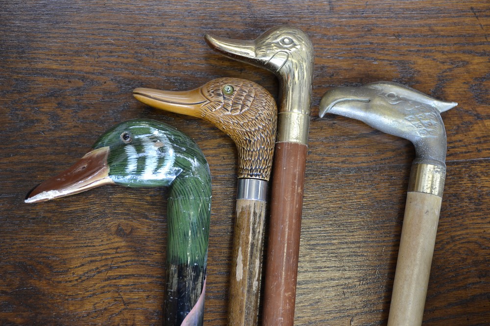 A walking cane with handle as a ducks head; two others,