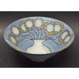 A Tessa Fuchs studio pottery conical bowl, incised with a vase of flowers, impressed seal marks,