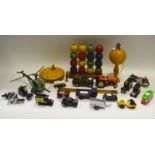 Toys - die-cast toys; a wooden ruler advertising 'Kiwi' shoe polish; an oversized wooden yo-yo; etc.