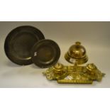 A large brass desk bell; a brass stand dish, an 18th Century pewter side plate; etc.