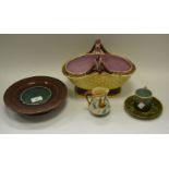 Decorative Ceramics - a majolica basket; a majolica Ham stand; a majolica cup and saucer; etc. (qty.