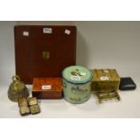 A 19th Century mahogany box; a cast brass Gothic box; walnut cigarette box; Disney biscuit tin, c.