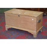 A stripped pine blanket box of small proportions. 44.5cm high x 79cm wide x 36cm deep.