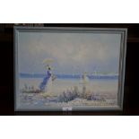 J Miller Elegant Ladies Promenading on a Beach signed,