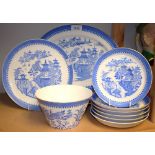 Ceramics - Royal Worcester Willow pattern saucers, breakfast plates, and serving plates, etc.