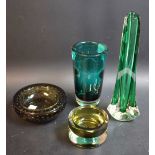 Whitefriars Glassware - a 1960's tricorn cased vase in green by Geoffrey Baxter,