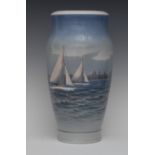 A large Copenhagen tapering cylindrical vase, decorated overall with yachts in full sail, 34cm high,
