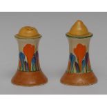 A pair of Clarice Cliff Crocus pattern waisted cylindrical salt and pepper,