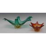 A Murano glass fruit dish, modelled as a splash of water in motion, in shades of sea green and blue,