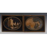 A pair of Rowley Gallery marquetry inlaid pictures, designed by WA Chase, The Meeting and Dancing,