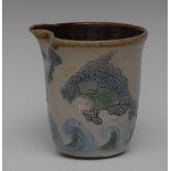 Micheal Moss - a salt glazed spouted beaker, incised with fishes and waves, 11.