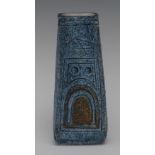 A Troika Cornwall slab sided tapering coffin vase, decorated by Sue Lowe,