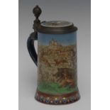 A Mettlach pewter mounted beer stein, incised with boar and stag hunt, in colours, 21.