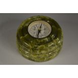 A green marble desk compass, blued steel indicator, ribbed border, 8.