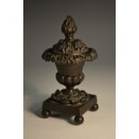 A Regency dark patinated bronze half-fluted campana pastille burner, cast with acanthus,