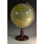 An Art Deco 12" terrestrial desk globe, aluminium horizon band, stepped geometric pillar,