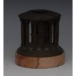 A Grand Tour dark patinated bronze library model, of a Roman rotunda, rose marble base, 8.