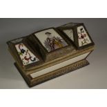 A 19th century French reverse painted glass, card and gilt metal shallow sarcophagus vanity box,