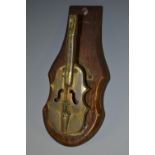 A Victorian gilt metal and oak novelty desk clip, as a viola, 19cm long, c.