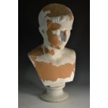 A 19th century terracotta portrait bust, of Augustus, waisted socle, 52cm high, c.