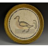 A Grand Tour circular mosaic panel, decorated in coloured tesserae with a waterfowl, 32cm diam,