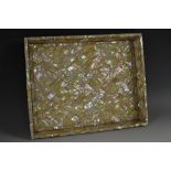 A mother of pearl rectangular desk tray, veneered overall with lozenges,