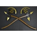 Friendly Society - Ancient Order of Foresters - a pair of painted and gilt wooden ceremonial axes,