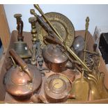 Metalware - a copper kettle; others; brass candlesticks; a school bell; fire companions,