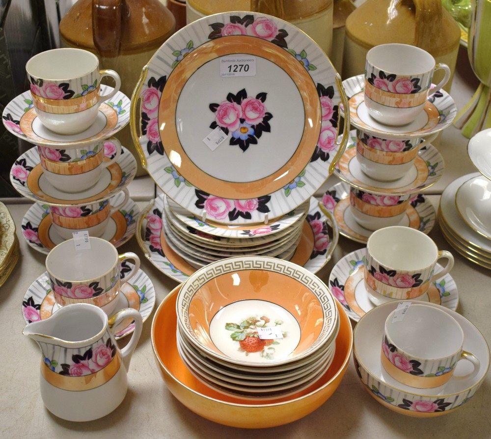 Noritake part tea service, decorated with orange lustre bands, pink roses and blue flowers,