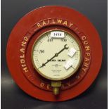 Railway - a Midland Railway Derby cast iron mounted circular pressure gauge,