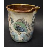 Michael Moss - a salt glazed spouted beaker, incised with fishes and waves, 11.
