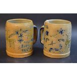 Aveiro Ceramica Buraco Portugese tankards - a pair, incised with dear and stylised leaves, 11.