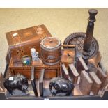 Boxes and Objects - marquetry inlaid box; another; carved elephant bookends; wooden tea barrel;