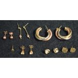 Earrings - a pair of three colour hoops, others studs, Hearts, paste studs etc all 9ct gold mounts,